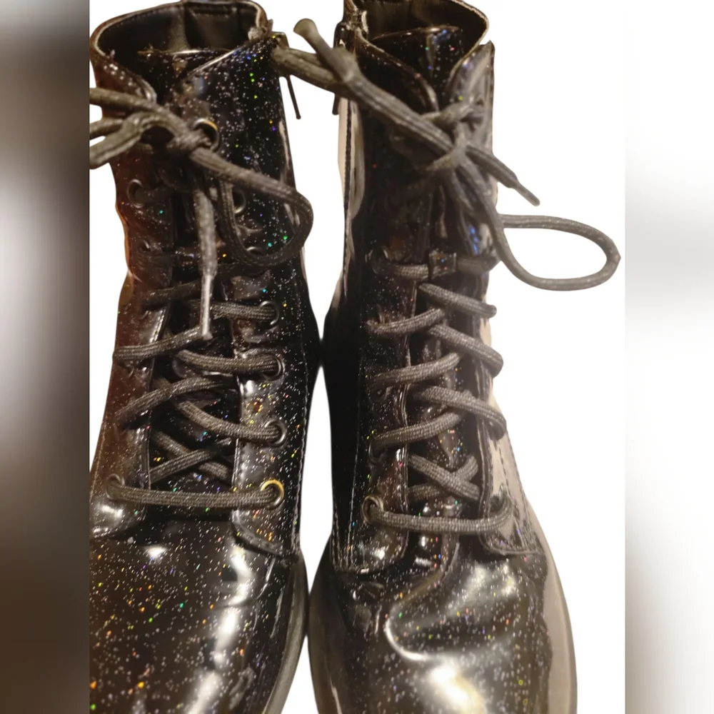 Little Girl's Black Faux Leather Zip-Up Casual Glitter Ankle Combat Boots, Sz 3